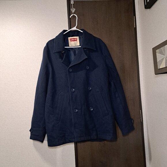 Levis Wool Blend Double Breasted Navy Blue Mid-Length 6 button Peacock Jacket - Picture 1 of 3
